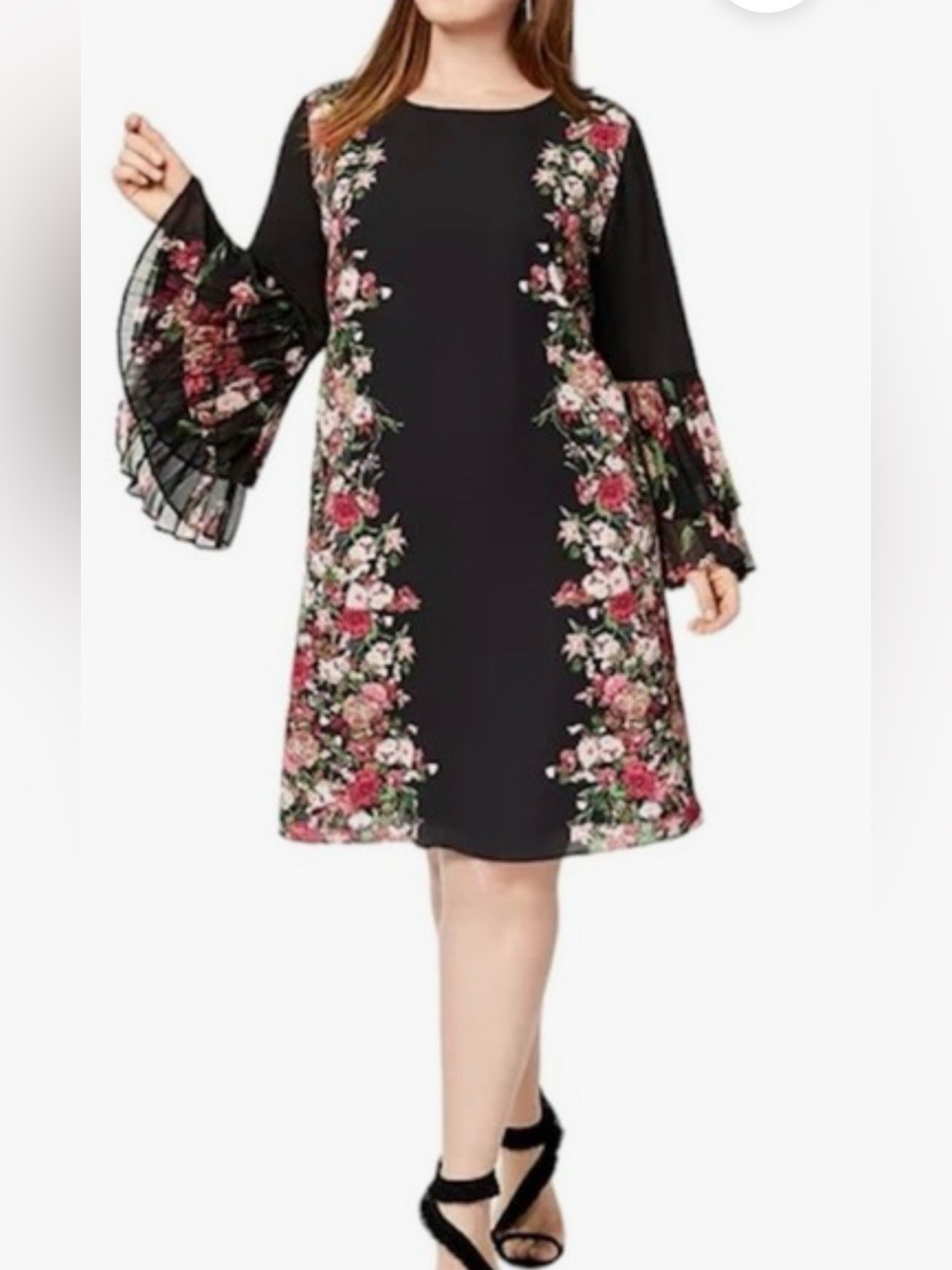 INC Floral Bell-Sleeve Black Dress